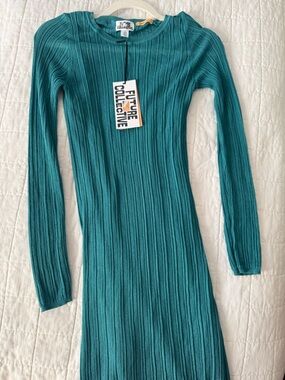 Future Collective Teal Ribbed Long-Sleeve Dress